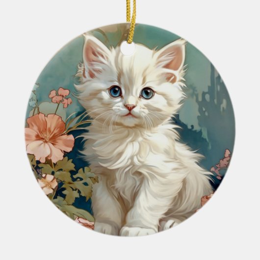 Alphonse Mucha Style White Cat Keramik Ornament (Vorne)