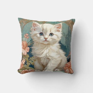 Alphonse Mucha Style White Cat Kissen