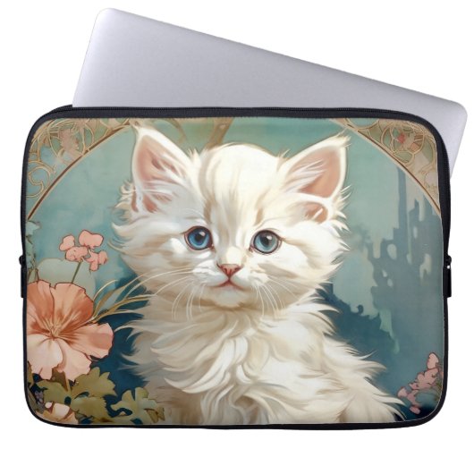 Alphonse Mucha Style White Cat Laptopschutzhülle (Vorderseite)