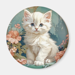 Alphonse Mucha Style White Cat Magnet