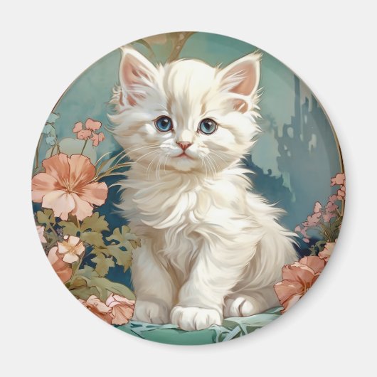 Alphonse Mucha Style White Cat Magnet (Vorne)
