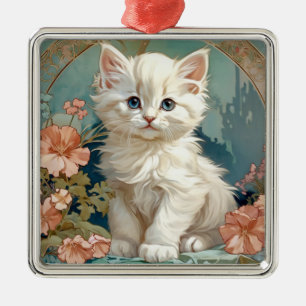 Alphonse Mucha Style White Cat Ornament Aus Metall