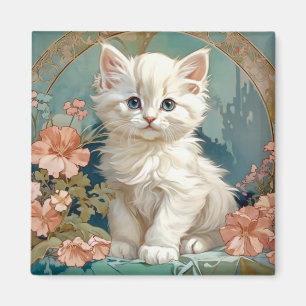 Alphonse Mucha Style White Cat, Persische Kätzchen Magnet