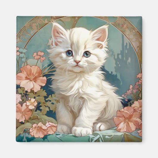Alphonse Mucha Style White Cat, Persische Kätzchen Magnet (Vorne)