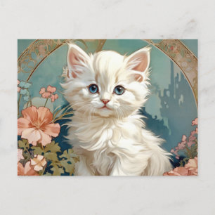 Alphonse Mucha Style White Cat Postkarte