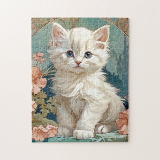Alphonse Mucha Style White Cat Puzzle (Vertikal)