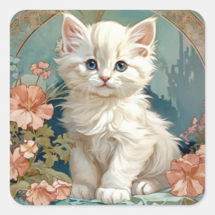 Alphonse Mucha Style White Cat Quadratischer Aufkleber