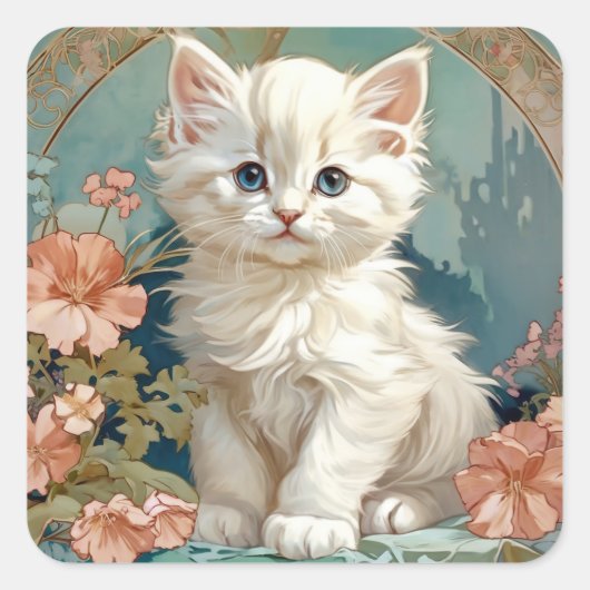 Alphonse Mucha Style White Cat Quadratischer Aufkleber (Vorderseite)