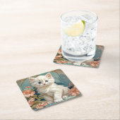Alphonse Mucha Style White Cat Rechteckiger Pappuntersetzer (Vor Ort)