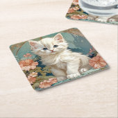Alphonse Mucha Style White Cat Rechteckiger Pappuntersetzer (angewinkelt)