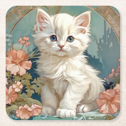 Alphonse Mucha Style White Cat Rechteckiger Pappuntersetzer (Vorderseite)