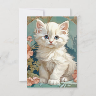 Alphonse Mucha Style White Cat RSVP Karte
