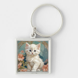 Alphonse Mucha Style White Cat Schlüsselanhänger