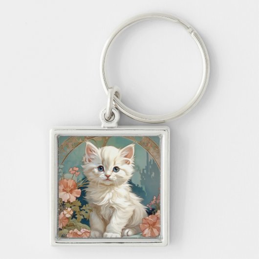 Alphonse Mucha Style White Cat Schlüsselanhänger (Vorne)