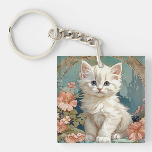 Alphonse Mucha Style White Cat Schlüsselanhänger (Vorderseite)