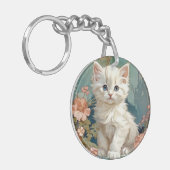 Alphonse Mucha Style White Cat Schlüsselanhänger (Vorderseite links)