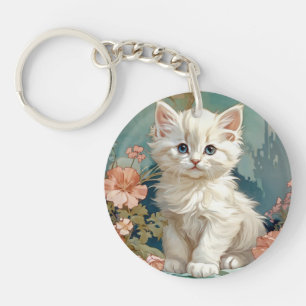 Alphonse Mucha Style White Cat Schlüsselanhänger