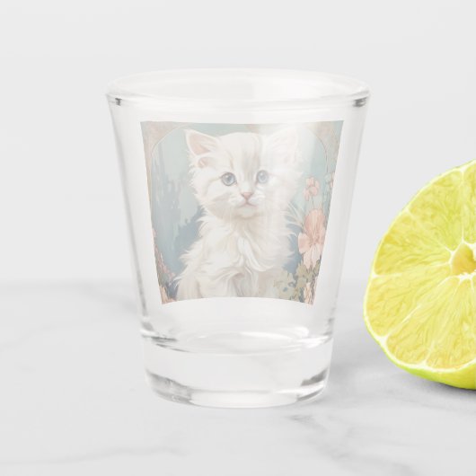 Alphonse Mucha Style White Cat Schnapsglas (Rückseite)