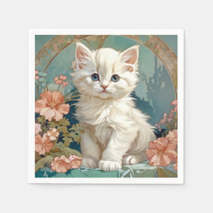 Alphonse Mucha Style White Cat Serviette