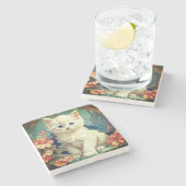 Alphonse Mucha Style White Cat Steinuntersetzer (Seitenansicht)