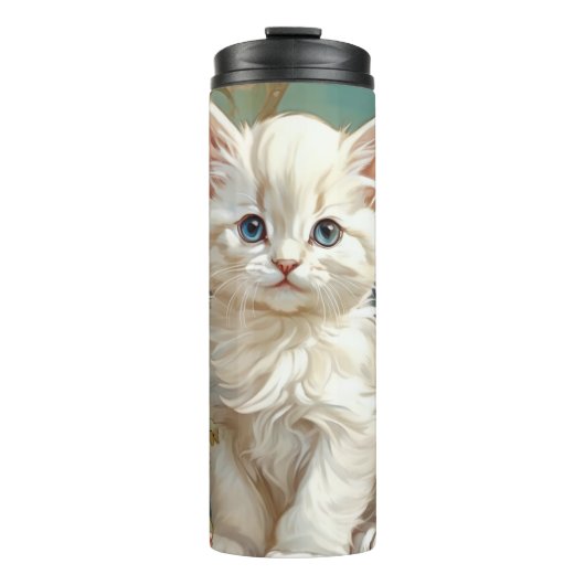 Alphonse Mucha Style White Cat Thermosbecher (Vorderseite)