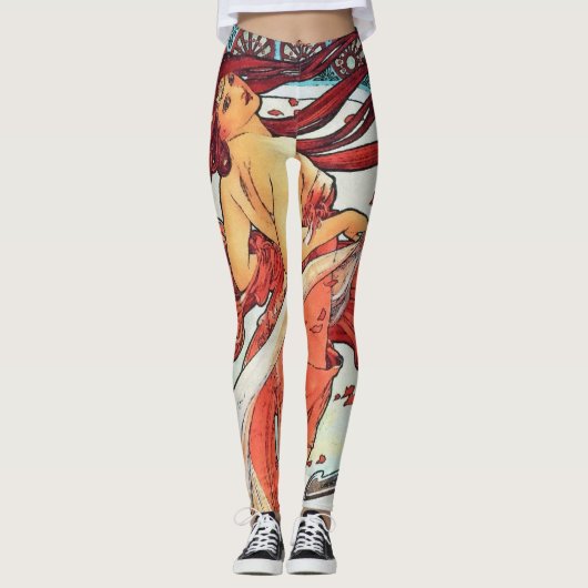 Alphonse Mucha Tanz Vintage Jugendstil-Malerei Leggings (Vorderseite)