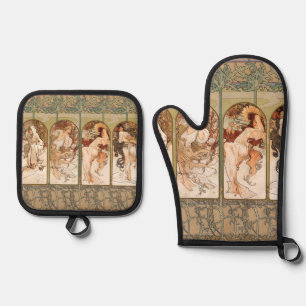 Alphonse Mucha Vier Jahreszeiten 1897 Art Nouveau  Ofenhandschuh & Topflappen-Set