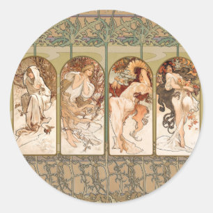 Alphonse Mucha Vier Jahreszeiten 1897 Art Nouveau  Runder Aufkleber