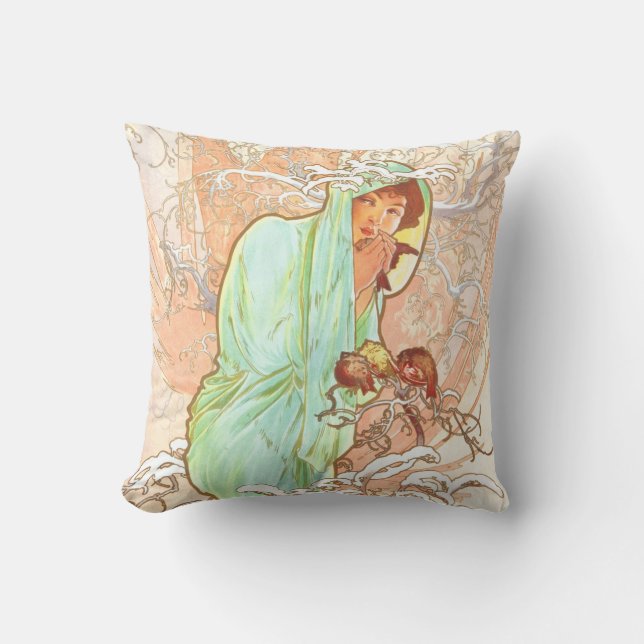 Alphonse Mucha Winter Vintage Jugendstil-Malerei Kissen (Vorderseite)