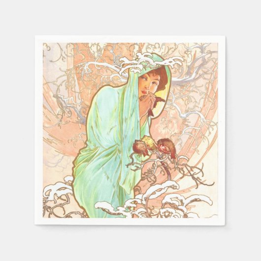 Alphonse Mucha Winter Vintage Jugendstil-Malerei Serviette (Vorderseite)