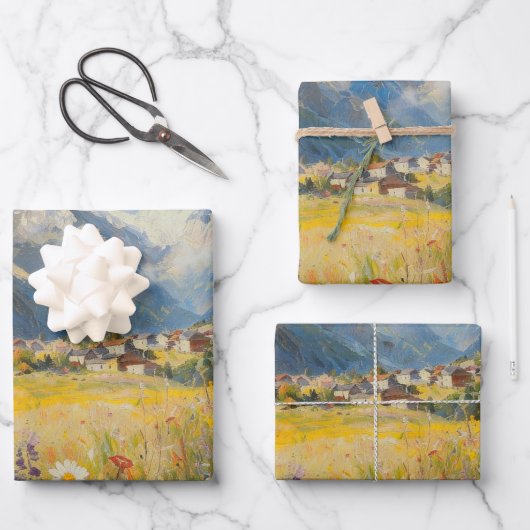 Alpine Bergdorf-Landschafts-Geschenkpapier Geschenkpapier Set (Vorderseite)