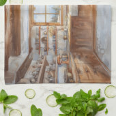 Alpine Chalet Kitchen with Snowy Mountain View Geschirrtuch (Gefaltet)