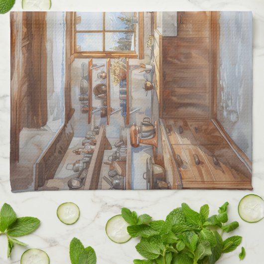 Alpine Chalet Kitchen with Snowy Mountain View Geschirrtuch (Gefaltet)