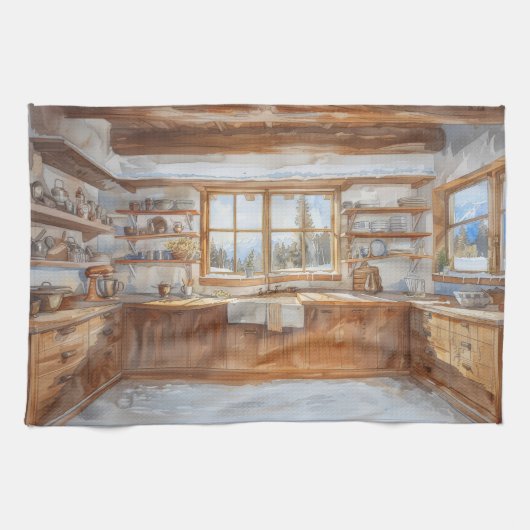 Alpine Chalet Kitchen with Snowy Mountain View Geschirrtuch (Horizontal)