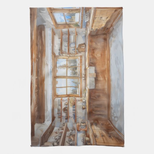 Alpine Chalet Kitchen with Snowy Mountain View Geschirrtuch (Vertikal)