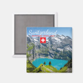 Alpine lake Oeschinensee in Switzerland with flag Magnet (Vorderseite/Rückseite)