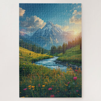Alpine River Sunrise – Serene Mountain Landscape Puzzle