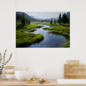 Alpine Valley Stream Green Meadows Snowy Peaks Poster (Küche)