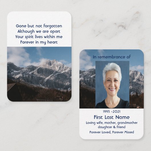 Alpine Zuhause Memorial Pocket Keepake Visitenkarte (Vorne/Hinten)