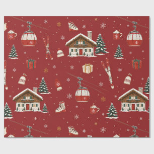 Alpines Ski-Christmas-Kirschrot-Wrap-Papier Geschenkpapier