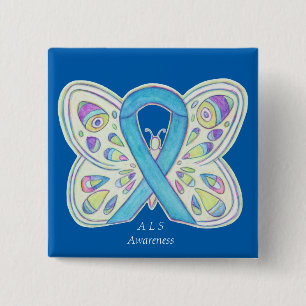 ALS Blue Butterfly Awareness Ribbon Custom Art But Button