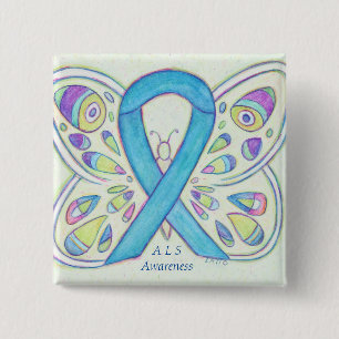ALS Blue Butterfly Awareness Ribbon Custom Art But Button