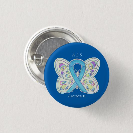 ALS Blue Butterfly Awareness Ribbon Custom Art But Button (Vorne & Hinten)