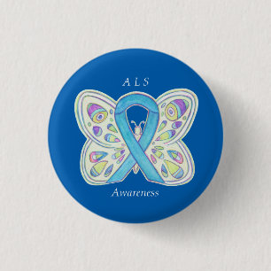 ALS Blue Butterfly Awareness Ribbon Custom Art But Button