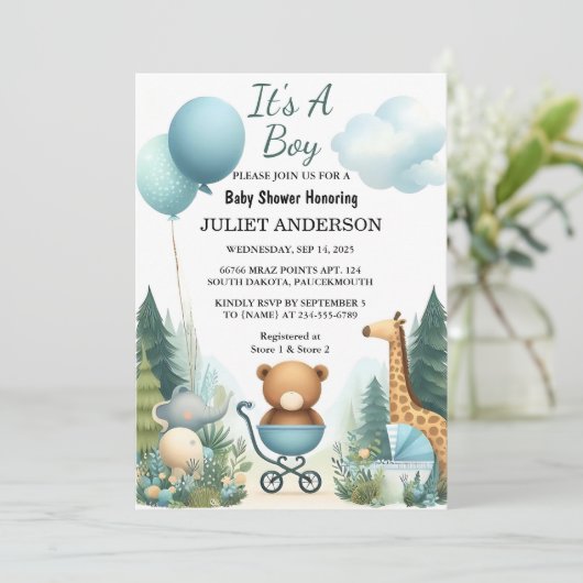 Als Soft Boho Bear Blue Cube Begrüßung Baby Boy Du Einladung (Stehend Vorderseite)