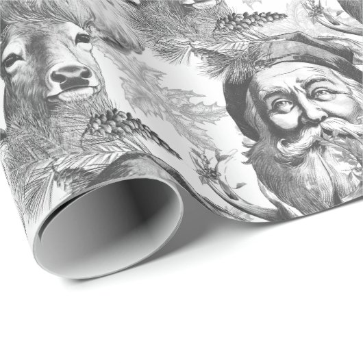 Alt gestalteter Lithograph Santa and Reindeh Black Geschenkpapier (Rolleneckpunkt)