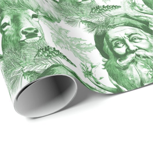 Alt gestalteter Lithograph Santa and Reindeh Green Geschenkpapier (Rolleneckpunkt)