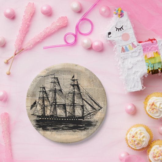 Alt modische Schiffskunst Vintag Zeitungsstil Pappteller (Party)