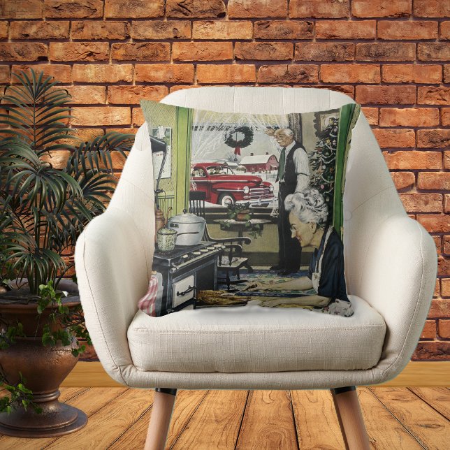 Alt modische Vintage Zuhause Kitchen Weihnachten Kissen (Vintage holiday turkey dinner in Grandma kitchen scene on decorative Christmas pillow.)