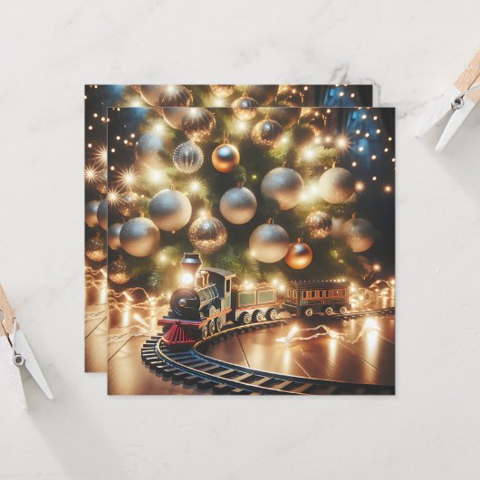 Alt-modischer Gold-Weihnachtszug unter dem Baum Karte (Vorderseite/Rückseite Beispiel)